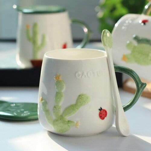 450ml Creative Cactus Ceramic Mug With Spoon Coffee Cup Lovely Water Cup Milk Breakfast Cup