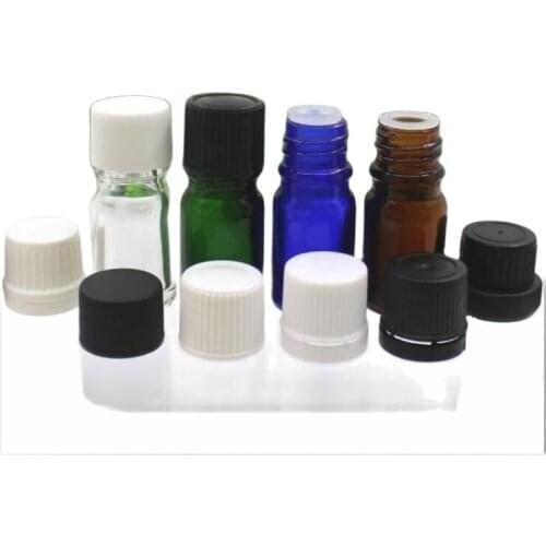 5ml 50pcs green/blue/brown/clear glass bottle plastic lid tamper evidence child proof essential oil liquid essence cosmetic pack