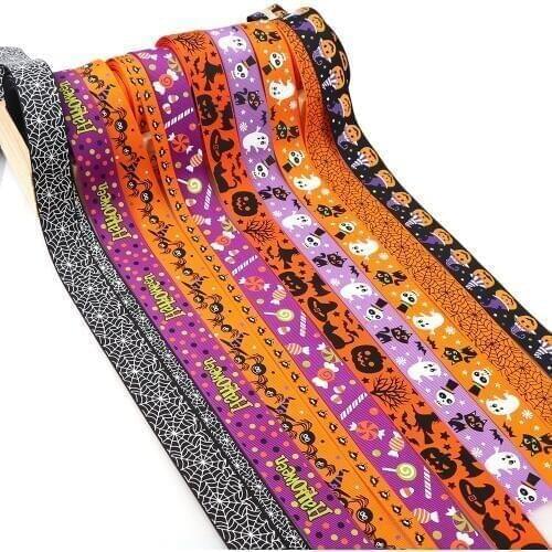 5Y/lot Halloween Theme Grosgrain Ribbon Pumpkin Ghost 25/10mmPrinted Ribbon Holiday Decorations Materials Home Textile Ribbon
