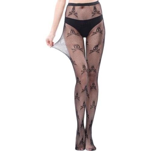 Women High Waist Mesh Black Stretch Pantyhose Skull Heart Print Fishnet Tights Stockings Sexy Sheer Patterned Hosiery