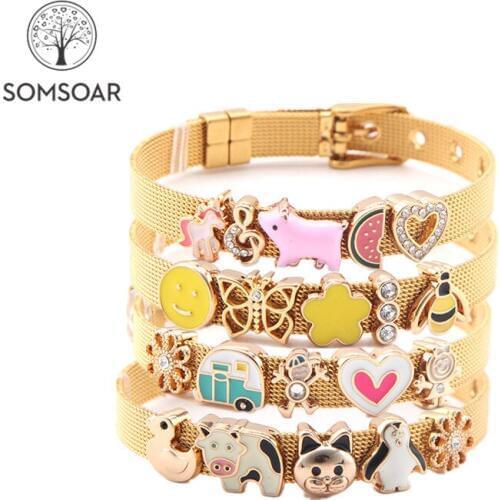 Drop shipping Somsoar Jewelry Golden Mesh Bracelet Set Stainless steel Bracelet with 5pcs slide Charms as Mothers Day Gift