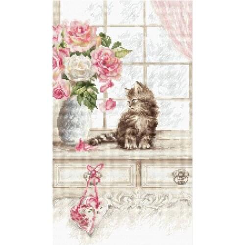 Eco-cotton Thread 11CT Stamped Print DIY Cat Pink Flower Handmade Cross Stitch Artwork Canvas Embroidery Kit Needlework Decor