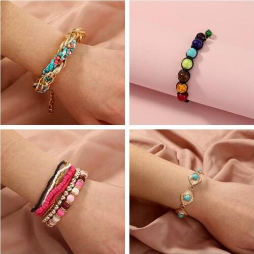 Personalized retro multi-element bohemian bracelet ethnic style multi-layer rice bead mixed color stretch beaded bracelet