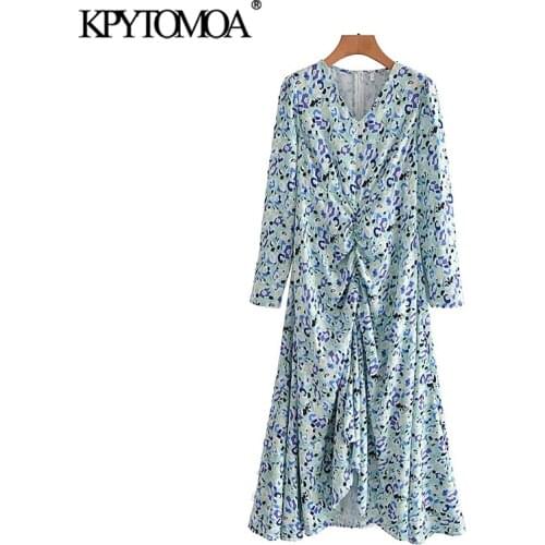 KPYTOMOA Women 2021 Fashion Floral Print Pleated Midi Dress Vintage Long Sleeve Back Zipper Female Dresses Vestidos Mujer