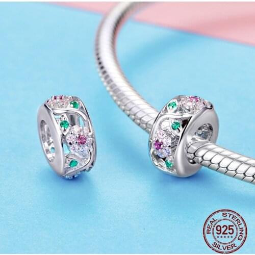 Colorful CZ sakura beads fit Pandora bracelet charm 100% 925 sterling silver original jewelry making gift