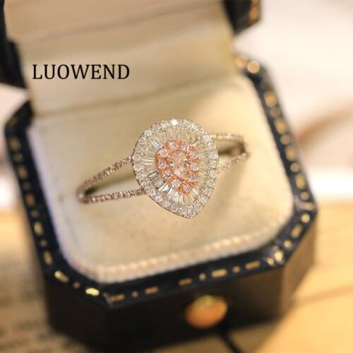 LUOWEND 100% Au750 18K White Gold Rings Halo Water Drop Shape Ring Natural Pink Diamond Ring for Women Wedding Customize