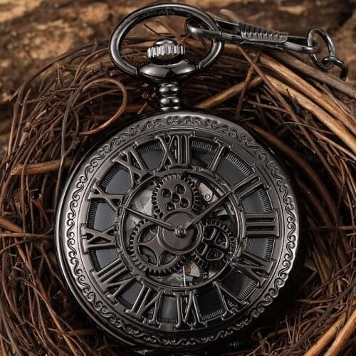 Steampunk Gear Hand Wind Mechanical Pocket Watch Vintage Black Skeleton Hollow Hand Fob Chain Watch Men With Roman Numberals