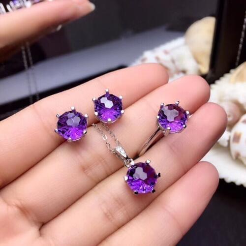 Shiny purple amethyst ring earrings and necklace jewelry set women silver fine jewelry round gem fashion ornament birthday gift