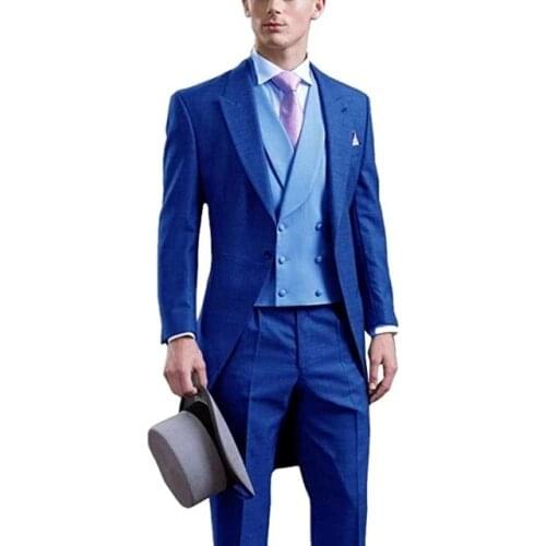 New Arrival England Style Wedding Man Suit Blue Peak Lapel Lengthen Blazers 3 Piece Groom Best Man Tuxedos Custom Made Suit