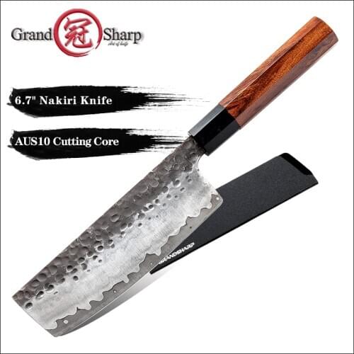 Grandsharp 6.7 Inch Nakiri Knife Hand Forged Kitchen Knives Japanese AUS10 3-Layer Steel Natural Wood Chefs Knives Gift Box