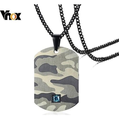 Vnox Camouflage Dog Tag Pendant for Men Necklace with Blue CZ Stone Army Soldiers Collar Gifts