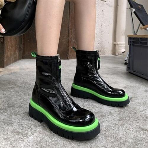 PXELENA Luxury 2020 Autumn Chunky Platform Front Zipper Combat Boots Women Patent Leather Contrast Color Ankle Boots Lady Shoes