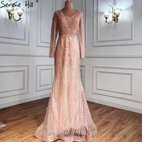 Serene Hill Pink Muslim Luxury Evening Dresses Gowns 2021 Mermaid Beaded Elegant For Women Wedding Party LA71182