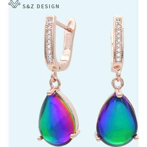 S&Z DESIGN Fashion Elegant Water Drop Colorful Crystal Dangle Earrings 585 Rose Gold Zirconia Eardrop For Women Wedding Jewelry