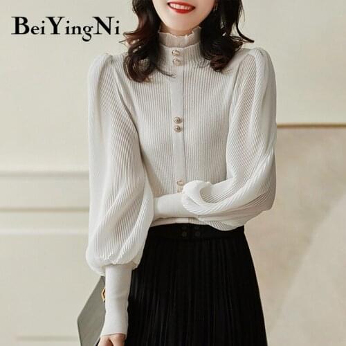 Beiyingni Womens Turtleneck Sweaters Elegant Fashion Autumn Winter Knitwear Female Jumper Lantern Sleeve Buttons Pullovers Tops