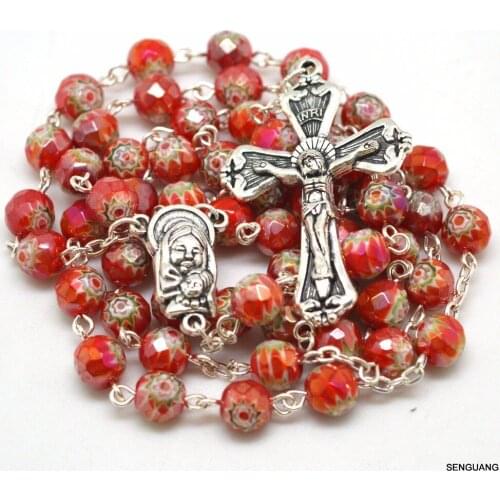 Holy Catholic Faceted Glass Beads Red Blue Yellow Green Special Rosary Necklace Classical Crucifix Center Medal