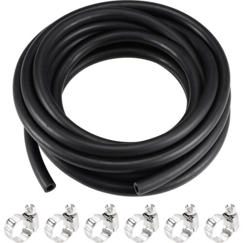 Uxcell Fuel Line Hose 6mm(1/4") ID 10mm OD 16ft Oil Line & Fuel Pipe Rubber Water Hose Black, 6 Clamps
