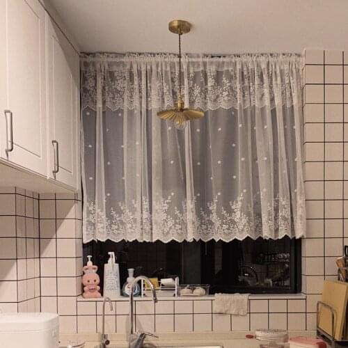 White Short Curtain for Living Room White Flower Embroidered Window Curtain Valance Coffee Curtain for Kitchen Cabinet Door