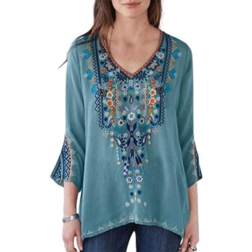 New Stylish Women Blouse Ethnic Print V Neck Spring Autumn Flare 3/4 Sleeve Boho Pullover Streetwear Female Ladies Fashion Tops