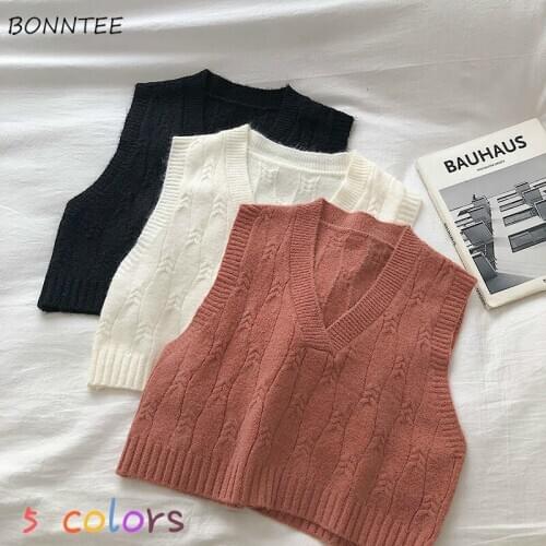 Sweater Vest Women Elasticity V-Neck Popular Sleeveless Solid Basic Casual Loose Chic Female Clothes BF Cropped Lovely Teenagers