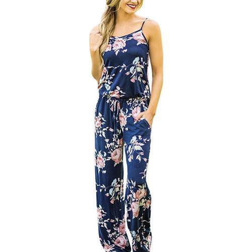 Hitmebox 2019 New Fashion Summer Women Spaghetti Strap Crew Neck Floral Prints Sleeveless Boho Long Jumpsuit Palazzo Pant Romper