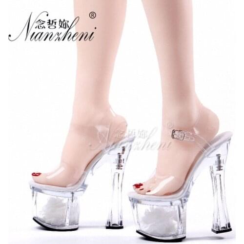 18cm Super High heeled shoes 7 inches Shallow Open Toe Clear Crystal Platform Flower Exotic Dancer Big Size Sexy Womens Sandals