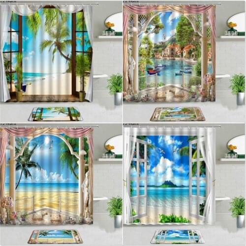 2PCS Natural Scenery Shower Curtain Mediterranean Landscape Ocean Flower Plant Bathroom Decor Set Bath Mat Non-slip Rug Washable