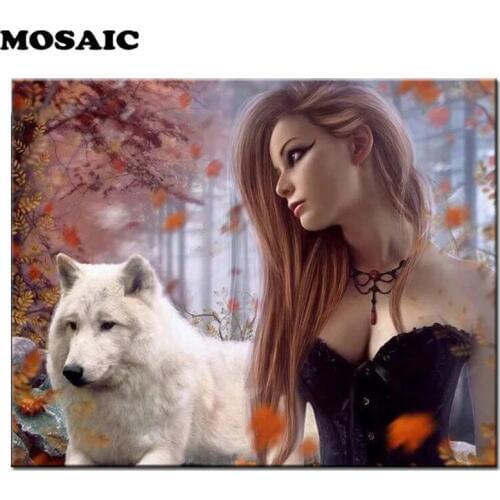 2019 New Diamond Painting woman and wolf Full Square Round Diamond Embroidery Animals Mozaik puzzle Pictures Of Rhinestone