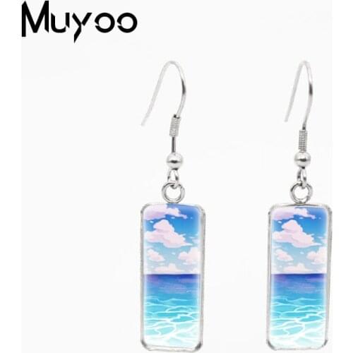 2021 New Fashion Seaside Sunrise Sunset Colorful Clouds Patterns Rectangle Stainless Steel Fish Hook Dangles