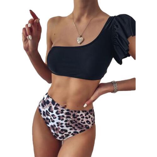 AA Womens Sexy Bikinis 2020 One Shoulder Bikini Suits Ruffles Tops Leopard High Waist Thong Split Swimsuit Swimming Costume