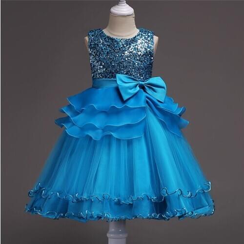 ABGMEDR Teens Girls Princess Dress Girls Blue Sequins Sleeveless Dress Kids Lacing Ribbons Clothes Children Bow Clothing 2-13Yrs