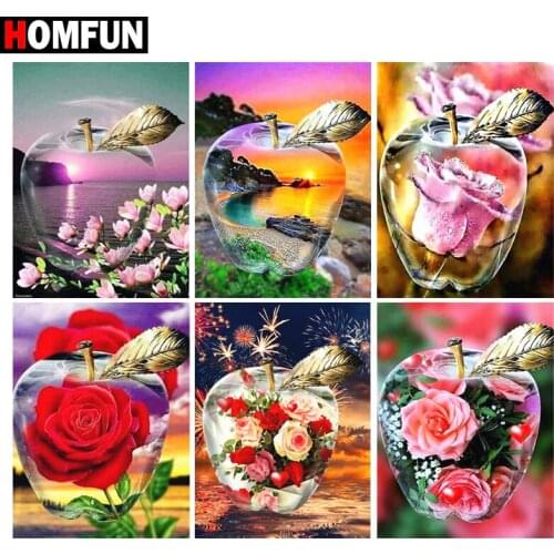 HOMFUN Diy Full Square Round Drill 5D Diamond Painting Cross Stitch Diamond Embroidery "Flower apple sunset" Home Decor Gift