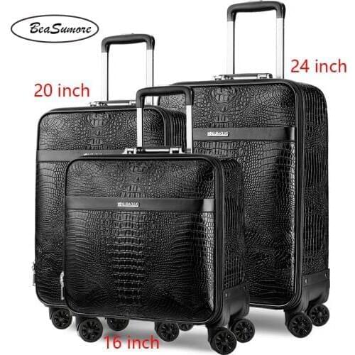 BeaSumore Vintage crocodile pattern Rolling Luggage Spinner Retro 16/20/24 inch PU Leather Suitcase Wheels Men Women Trolley