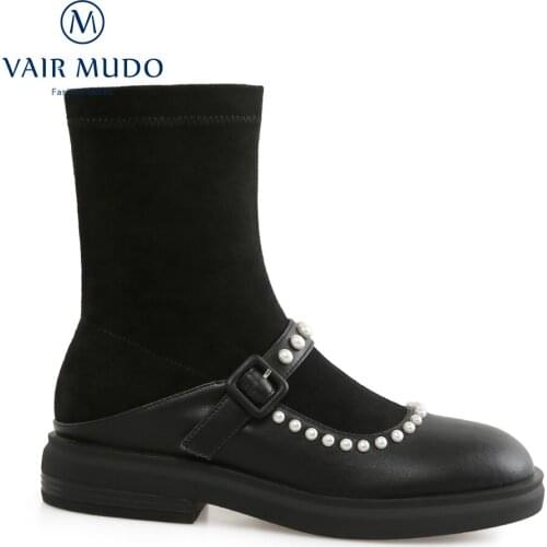 VAIR MUDO Spring Autumn Elegant Boots Shoes Women Genuine Leather Black White Concise String Bead Solid Round Toe Boots WM-X71