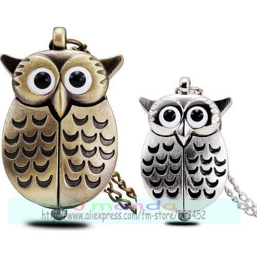 100pcs/lot exclusive night owl style retro pocket watch bronze color hollow out quartz watch for unisex high quality clock