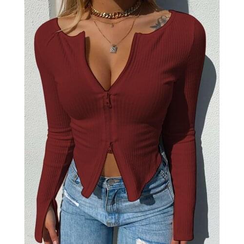 Short sleeve t-shirts Women T-shirt Autumn Ribbed Knitted Long Sleeve Crop Tops Zipper Design Tee Sexy Female Slim Tops