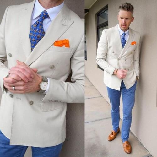 Handsome Cream White Mens Customized Wedding Tuxedos Summer Double Breasted Jacket Business Party Prom Blazer One Piece