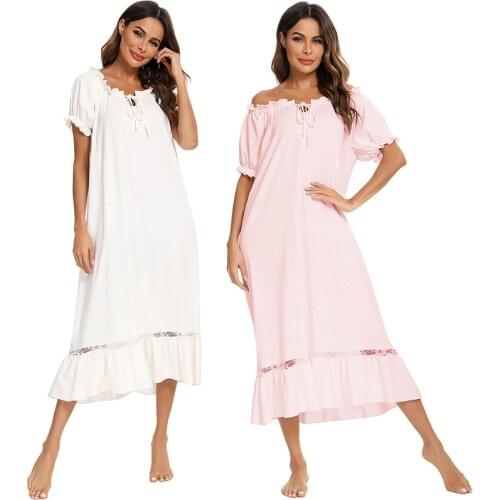 Witbuy Summer Cute Sleepwear Loose Short Sleeve Women Nightdress Slash Neck Female Nightgown Casual Soft Ladies Maxi Home Dress