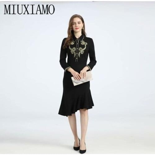 MIUXIMAO 2021 Spring Autumn Womens Dress Fashion Designer Dress Flower Embroidery Elegant Asymmetrical Dresses vestido