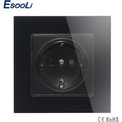 Esooli Hot Sale EU Standard Power Socket AC 110~250V 16A Wall Power Socket, black Color tempered Crystal Glass Panel