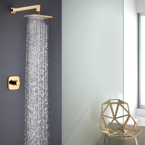 Free ship square simple style Gold color Thermostatic constant temperature wall mounted shower mixer faucet solid brass