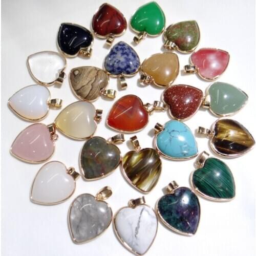 Natural stone tiger eye Turquoises Opal Quartz crystal Heart-shaped pendant for diy Jewelry making necklace Accessories10pcs