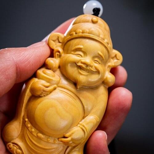 Small Leaf Boxwood 8 cm carved wooden pieces decorative arts and crafts figure decoration God of wealth