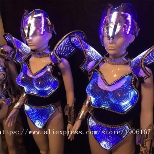 New Design Blue Color Led Luminous Catwalk Ballroom Costume Sexy Women Evening Party Dress Cosplay Stage TV Show Clothes