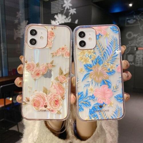 Transparent Case with Plating Flowers for iPhone 12 11 Pro Max XS XR SE 2020 7 8 Plus Phone Cover Colorful Bling Soft TPU Fundas