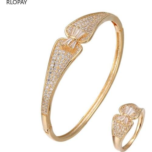 Sweet Bowknot Design 24k Gold Jewelry Bangles Luxury Full Stone Open Cuff Bracelet with Ring Fashion Bangles