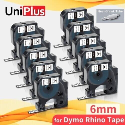 UniPlus 10PK 6mm Heat Shrink Tube Label Tape Compatible Dymo Rhino Label Maker 18051 Black on White for Rhino 1000 3000 5200 600