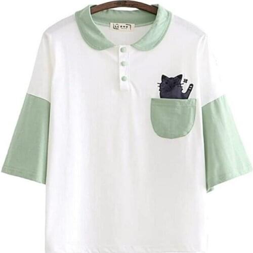 XUANHAO Kawaii Sweet Cat T-Shirt Girls Harajuku T Shirt Women Short Sleeve Turn-down Collar Cotton T-shirt Summer Pocket Tee top