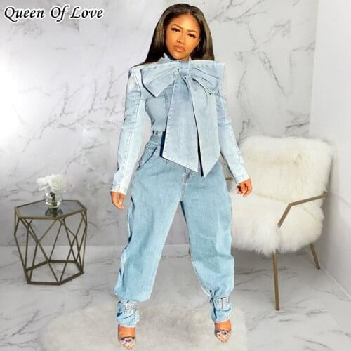 2020 Sweet Denim Jackets Women Long Sleeve Bow Neck Vintage Jean jacket Autumn High Streetwear Short Denim Coats