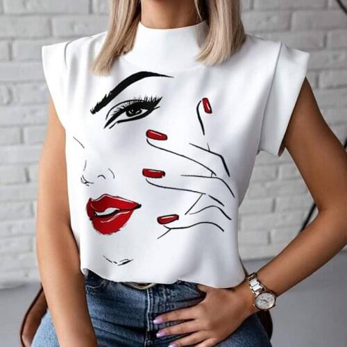 Women Short Sleeve Stand Collar T-Shirt Pullover Plus Size 2XL Lip Print Printed Chic Simply Women Tshirts Slim Street Style